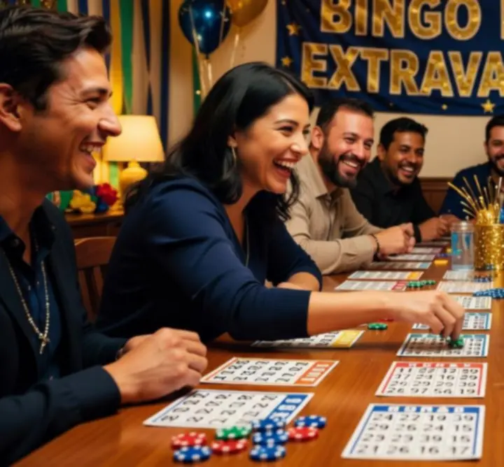 Noc tematyczna bingo z kolorowymi planszami i grupą gości przy stolikach.