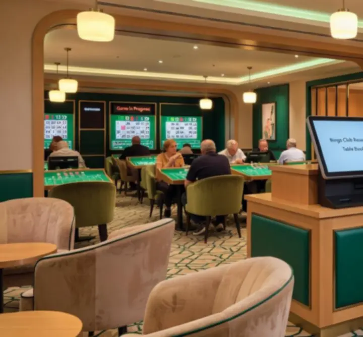 Cinematiczne wnętrze klubu bingo Slavia Deck z przygotowanymi stolikami do rezerwacji.
